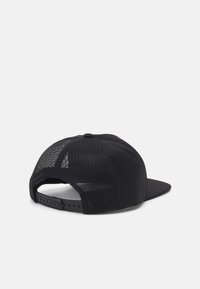 Black cap with a solid front and mesh back. Features a flat brim and adjustable plastic snap closure. Overall design is sleek and minimal.