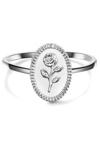 Sudraba gredzens ar ovālu centru, kurā ir pacelts rozes dizains, ko ieskauj teksturēta mala. Gluds joslas dizains, spīdīga apdare.
