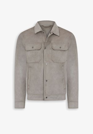 Vaaleanharmaa mokkanahkatakki, jossa on terävä kaulus, kaksi rintataskua nappisulkimilla, sivutaskut ja etuosan painonapillinen kiinnitys.