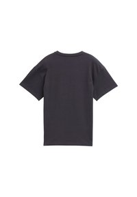 Dunkelgraues Baumwoll-T-Shirt mit kurzen Ärmeln, rundem Ausschnitt und geradem Schnitt. Keine sichtbaren Logos oder Muster.