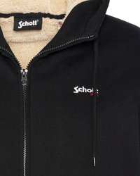 Felpa nera con zip e rivestimento in pile beige, presenta una cerniera argentata e un logo ricamato bianco con accentuazione rossa. Tessuto morbido, design con cappuccio.