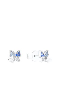 Orecchini a forma di farfalla in argento con pietre blu e trasparenti, caratterizzati da un design dettagliato delle ali e una chiusura a perno. Finitura liscia e lucida.
