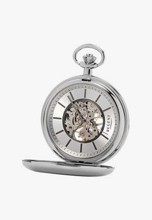 Zilveren zakhorloge met een transparante skeleton wijzerplaat, witte uurmarkers en een koepelvormig deksel. Beschikt over een decoratieve kroon aan de bovenkant.