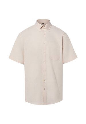 Chemise beige à manches courtes avec boutons, col pointu et une poche poitrine unique, présentée sur fond blanc.