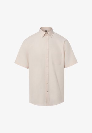 Beiges Kurzarmhemd mit Knopfleiste, spitzem Kragen und einer einzelnen Brusttasche, auf weißem Hintergrund dargestellt.