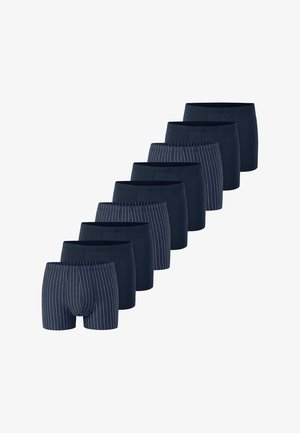 Marineblauwe boxershorts, combinatie van effen en verticale gestreepte patronen, gemaakt van zachte stof. Elastische tailleband, getailleerde pasvorm.