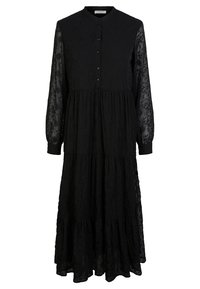 Svart långärmad midiklänning med genomskinliga spetsärmar, rund halsringning, knappad front, volangkjol och detaljerad midja.