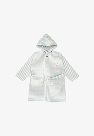 Accappatoio a righe in tessuto morbido, con cappuccio, chiusura a bottoni e una patch a forma di faccia di orso. Schema di colori: righe azzurro chiaro e bianco.