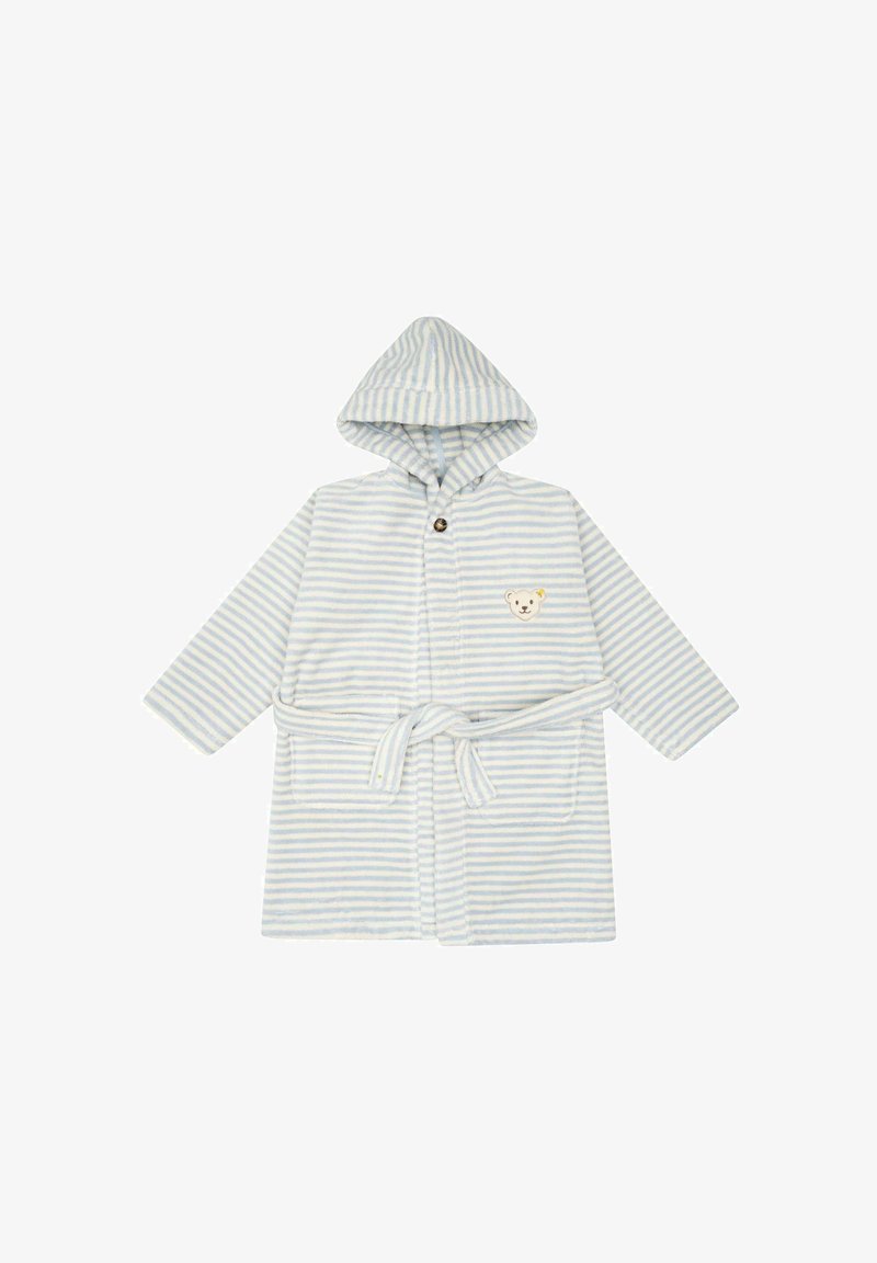 Accappatoio a righe in tessuto morbido, con cappuccio, chiusura a bottoni e una patch a forma di faccia di orso. Schema di colori: righe azzurro chiaro e bianco.