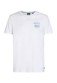Bílý bavlněný tričko s tyrkysovým grafickým potiskem motocyklu a slovem "PETROL" na hrudi. Standardní střih, kulatý výstřih.