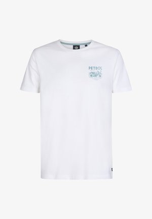 Weißes Baumwoll-T-Shirt mit einem türkisfarbenen Grafikdruck eines Motorrads und dem Wort "PETROL" auf der Brust. Reguläre Passform, Rundhalsausschnitt.