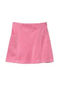 Różowa mini spódnica z korduroju z przednimi kieszeniami naszytymi oraz zamkiem bocznym, z ukośnymi i pionowymi panelami o fakturze w prążki.