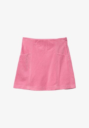 Różowa mini spódnica z korduroju z przednimi kieszeniami naszytymi oraz zamkiem bocznym, z ukośnymi i pionowymi panelami o fakturze w prążki.