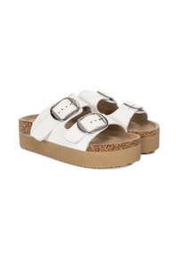 Sandali con piattaforma in sughero bianco caratterizzati da due fibbie regolabili, cinturini testurizzati e una suola in gomma marrone per aderenza e comfort.