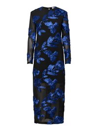 Svart klänning med långa ärmar som har blå blomsterbroderier. Genomskinligt tygöverdrag med rak skärning och rund halsringning.