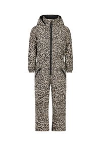Kinderoverall voor sneeuw met capuchon, elastische manchetten, ritssluiting aan de voorkant, luipaardprint patroon in beige en zwart.