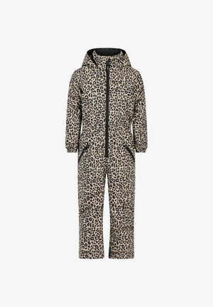 Combinaison de neige une pièce pour enfant avec capuche, poignets élastiques, fermeture éclair à l'avant, motif léopard en beige et noir.