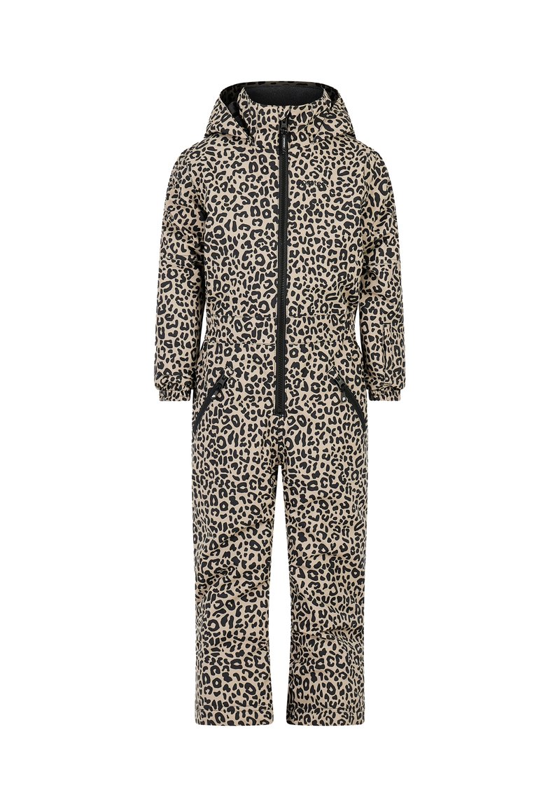 Kinderoverall voor sneeuw met capuchon, elastische manchetten, ritssluiting aan de voorkant, luipaardprint patroon in beige en zwart.