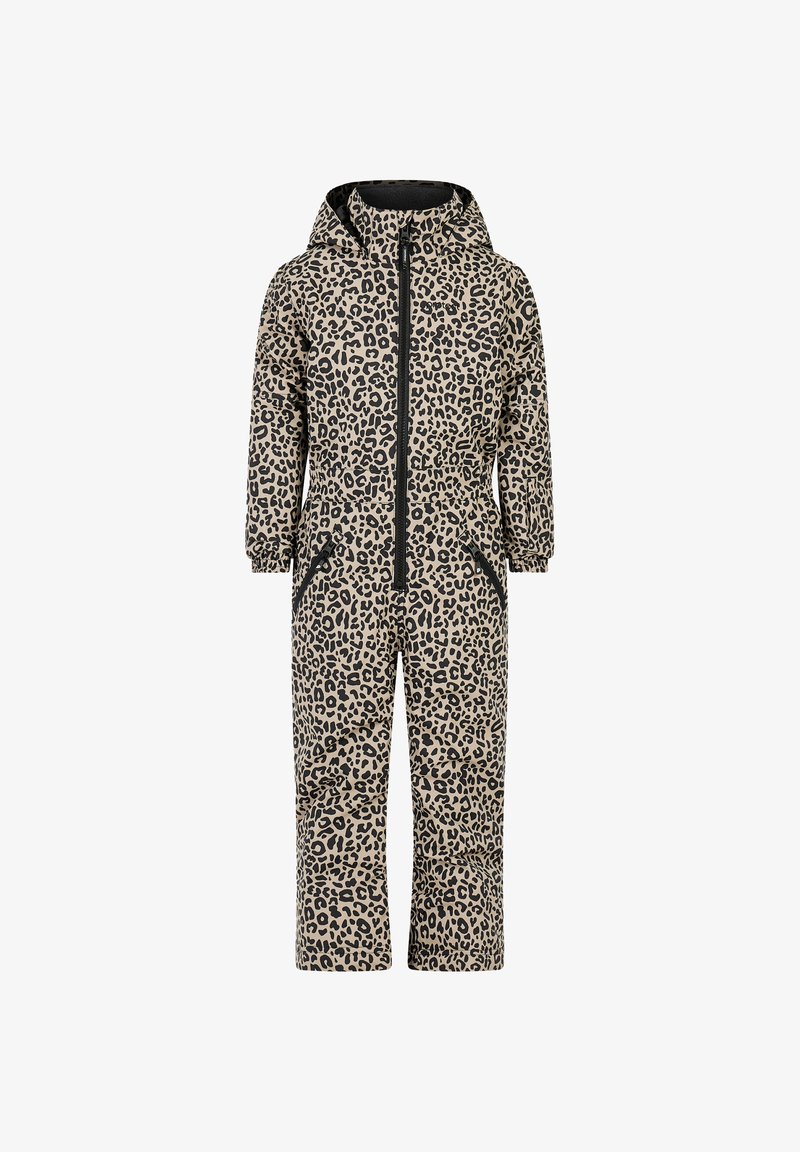 Kinderoverall voor sneeuw met capuchon, elastische manchetten, ritssluiting aan de voorkant, luipaardprint patroon in beige en zwart.