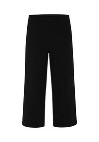 Schwarze Culottes aus weichem Stoff, mit einem weiten Bein-Design und einem elastischen Bund für Komfort. Keine sichtbaren Muster oder Beschläge.
