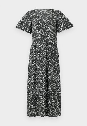 Schwarzes Midi-Kleid mit kurzen, schwingenden Ärmeln, das ein weißes abstraktes Muster aufweist, einen V-Ausschnitt hat und eine geraffte Taille für eine lockere Passform bietet.