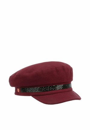 Burgundy wool captain hat with a black sequined band above the visor and a small round gold button on the side.