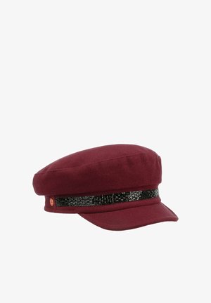 Burgundy wool captain hat with a black sequined band above the visor and a small round gold button on the side.
