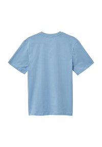  lichtblauwe katoenen T-shirt met een ronde hals, korte mouwen en een rechte snit. Gladde textuur, geen zichtbare patronen of ontwerpen.