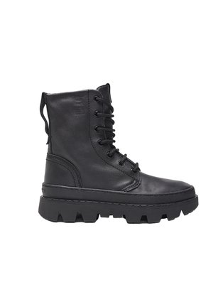 Black leather combat boot with thick lug sole, lace-up front, and pull tab on the back.