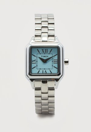 Square silver wristwatch with a light blue face, black Roman numerals, black hour and minute hands, and a linked metal band.