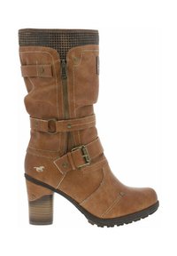 Bottines en cuir marron, montantes jusqu'au genou, avec un talon bloc, dotées d'une fermeture éclair sur le côté et de sangles décoratives avec boucles. Tige texturée avec un motif pied-de-poule.