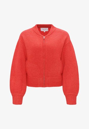 Red knitted bomber jacket with a zip front, ribbed cuffs, and a round neckline featuring a textured finish and a cropped design.