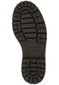 Schwarze Gummisohle mit tiefem Profil, kreisförmigen und rechteckigen Rillen, erhöhten Noppen und eingravierten Größenmarkierungen. Robustes Design für bessere Bodenhaftung.