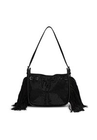 Borsa a tracolla nera intrecciata con chiusura a coulisse, dettagli in frange e una sola tracolla. Superficie testurizzata con perforazioni.