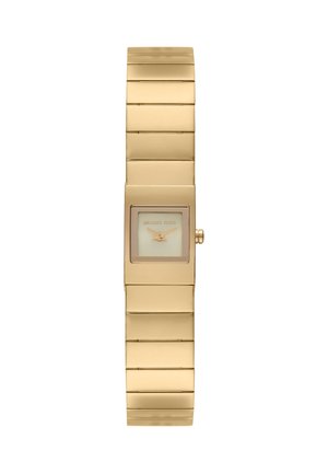 Reloj de pulsera delgado de metal tono dorado con esfera rectangular, dial minimalista y pulsera de eslabones.