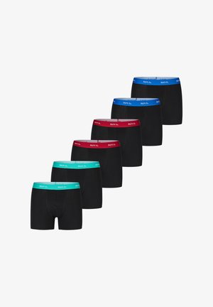 Zwarte katoenen boxershorts met gekleurde elastische taillebanden in blauw, rood en teal. Zes paar in een rij gerangschikt, met een consistent ontwerp.