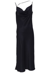 Black satin dress with a cowl neckline and thin, adjustable straps. The design is fitted through the body and flares at the hem.