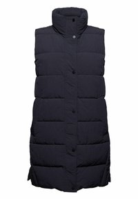 Marinblå vadderad ärmlös väst med hög krage, framtida tryckknappar och horisontell quiltning. Tyg verkar lätt med en mjuk textur.