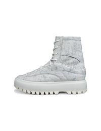 Stivali alti in materiale bianco texturizzato, con collare imbottito, chiusura con lacci e suola resistente e seghettata per la trazione.
