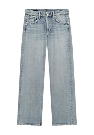 Light blue straight-leg denim jeans with front pockets, belt loops, button closure, and faded detailing.