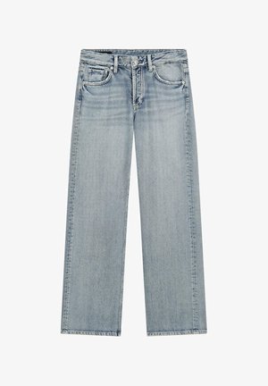Light blue straight-leg denim jeans with front pockets, belt loops, button closure, and faded detailing.