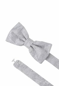 Hellgraue Fliege aus strukturiertem Stoff mit floralem Muster. Inklusive verstellbarem Band mit Haken zum Befestigen.