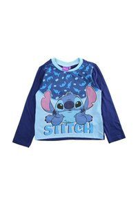 T-shirt à manches longues en tissu bleu et marine, avec un imprimé graphique de Stitch et le mot "STITCH" en bleu clair en bas.