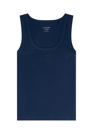 Navy blue tank top made from organic cotton, featuring a ribbed texture, wide straps, and a small embroidered logo on the front.