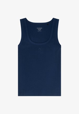 Navy blue tank top made from organic cotton, featuring a ribbed texture, wide straps, and a small embroidered logo on the front.