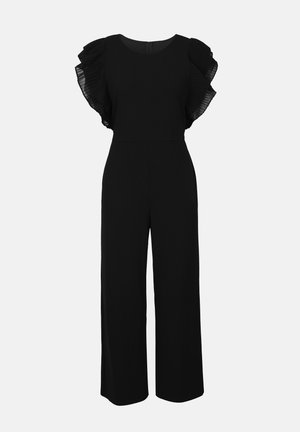 Mono negro con mangas cortas de volante plisado, escote redondo y piernas anchas. Tejido suave con un cuerpo ajustado y cierre de cremallera en la parte posterior.