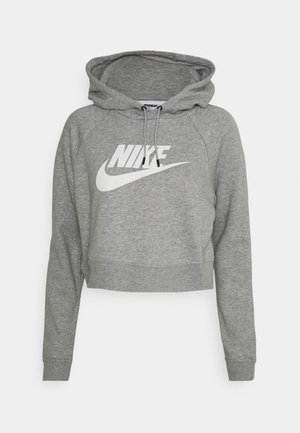 Felpa grigia tagliata realizzata in materiale morbido. Presenta un cappuccio con cordino e un grande logo Nike bianco sulla parte anteriore. Polsini e orlo a costine.