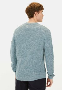 Cotton-blend sweater in light blue with a textured knit, ribbed cuffs, and hem. Crew neckline with raglan sleeves, viewed from the back.