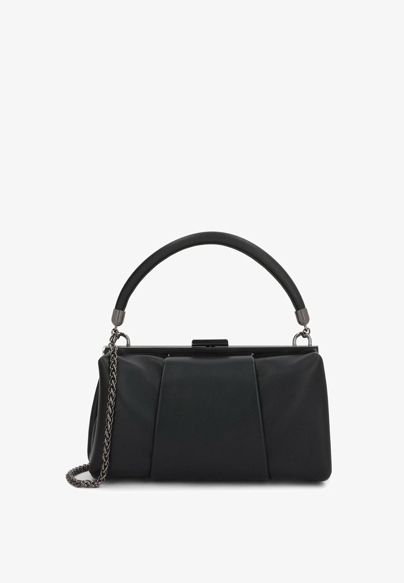 Petit sac à main en cuir noir avec une poignée supérieure et une bandoulière chaîne métallique amovible sur fond blanc.