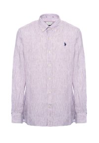 Camicia button-up a maniche lunghe con strisce rosse e bianche, caratterizzata da un piccolo logo blu sul petto sinistro e polsini con bottone.